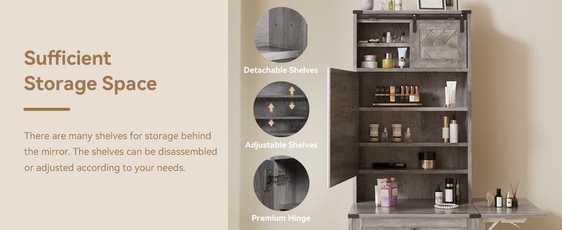 Farmhouse Small Vanity Desk Set with Mirror Cabinet Compact Makeup Vanity Set with 3 Adjustable Lights and Storage Chair for Compact Space,  Dressing Table with Fold-up Panel IF049