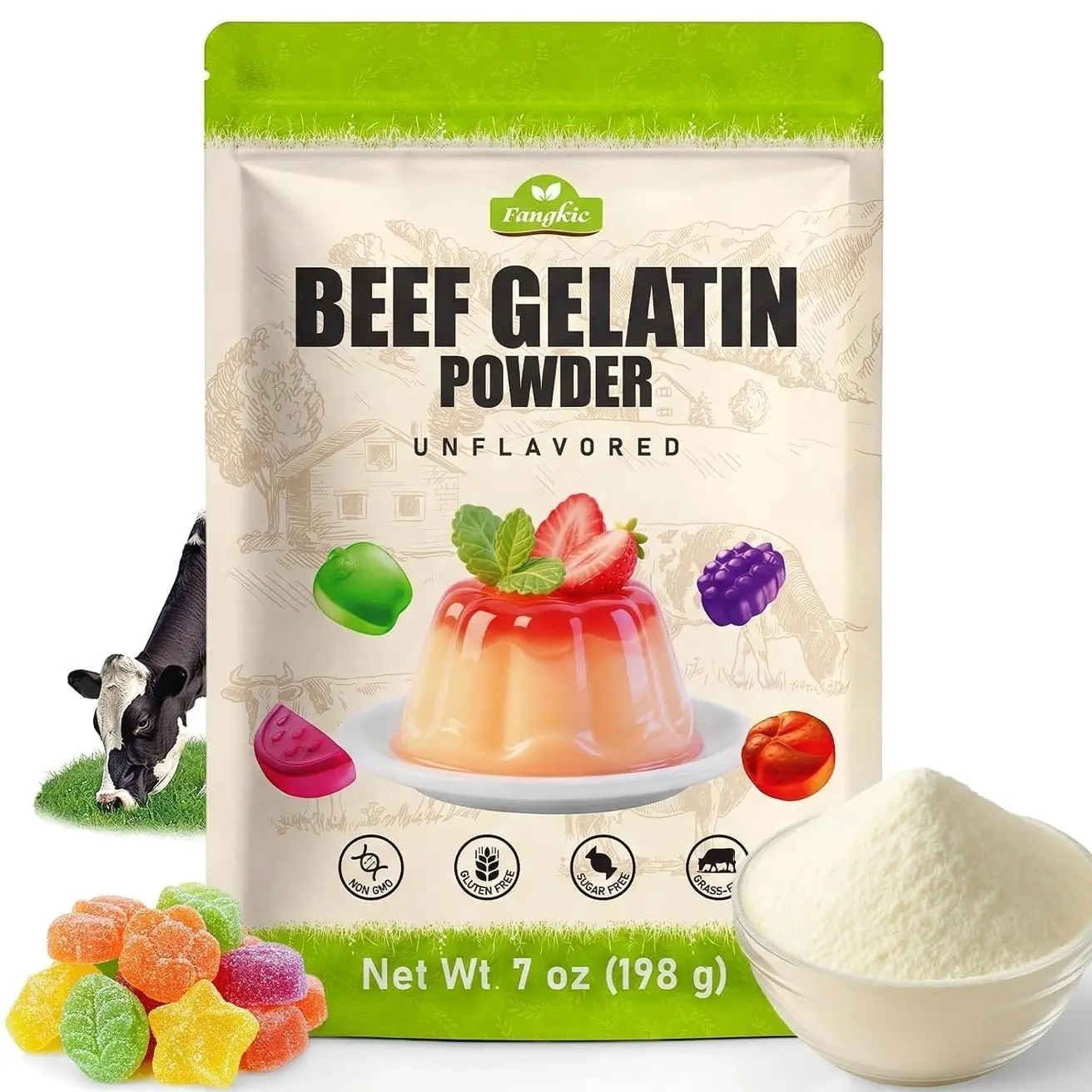 Beef Gelatin Powder Unflavored, 7 oz/198 g Grass Fed Gelatin Powder | Premium Gelling & Thickening Agent, Gluten & Sugar Free, Versatile Gelatin for Gummies, Jello, Baking, Cooking, Drinks