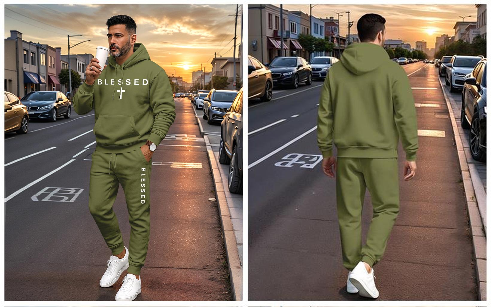 Men's Blessed Cross Letter Pattern Print Hoodie and Drawstring Sweatpants Set, Menswear, Casual Athletic Long Sleeve Hooded Jacket & Trousers for Fall & Winter, Men's Clothing for Daily Wear, Sportswear Indoor Outdoor, Tracksuit, Athleisure