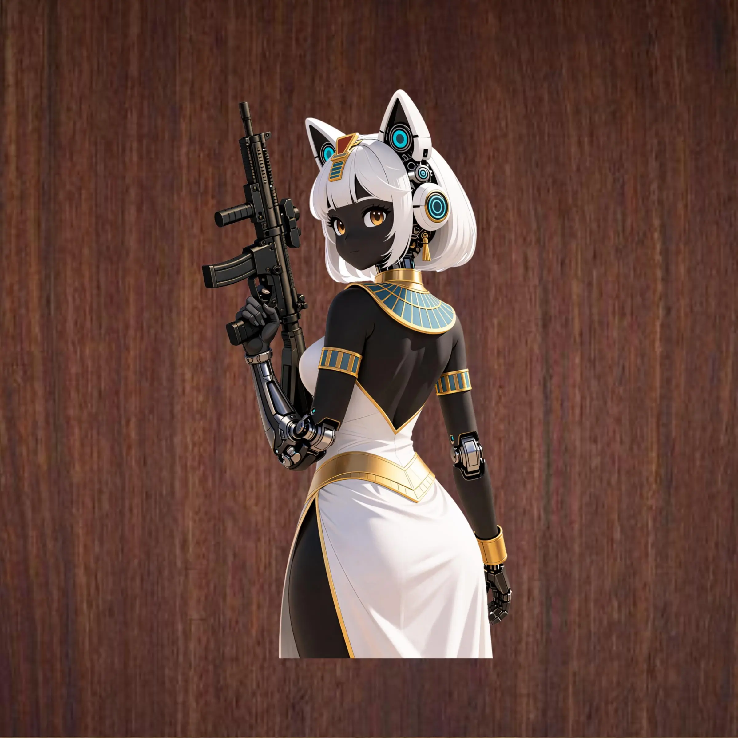 Egyptian Cyber Cat Girl Sticker,  Futuristic Robot Warrior, Gold Tech Aesthetic Decal