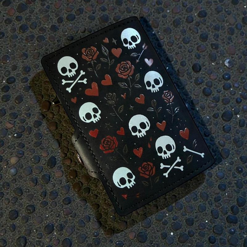 Skulls and Roses PU Leather Wallet Gothic Black Bifold with Hearts Skulls & Red Roses Alt Punk Aesthetic Gift for Him/Her RFID Blocking Design