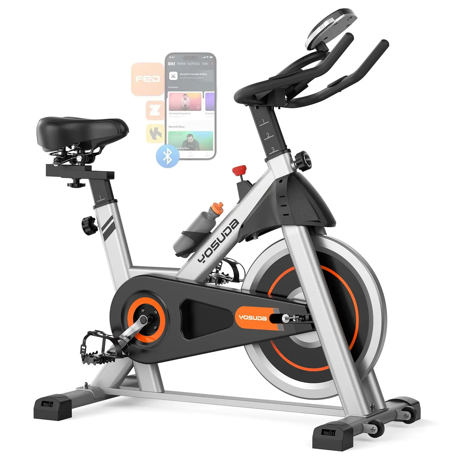FED Fitness Yosuda Series EB1 Exercise Bike Brake Pad Stationary Bike for Home with Exclusive App, Magnetic Indoor Cycling Bike with 300 lb Weight Capacity, Low Noise, Tablet Holder and Fitness Courses