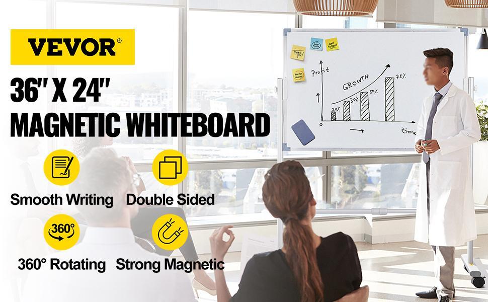 VEVOR Mobile Magnetic Whiteboard, 36 x 24 Inch, Double Sided, 360 Degree Reversible Rolling Dry Erase Board, Height Adjustable with Aluminum Frame and Lockable Swivel Wheels, for Office School Home