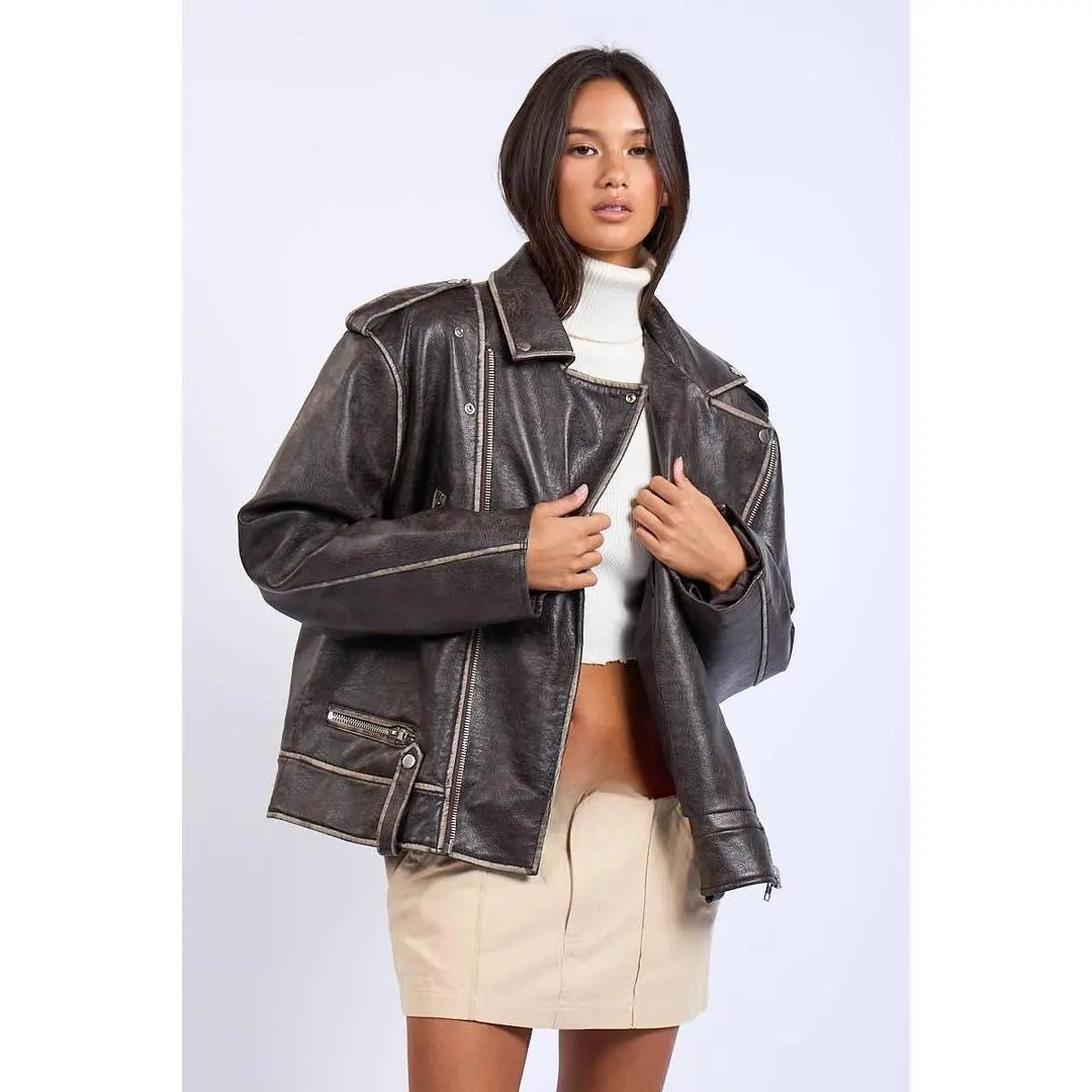 Washed Darkbrown Oversized leather Jacket