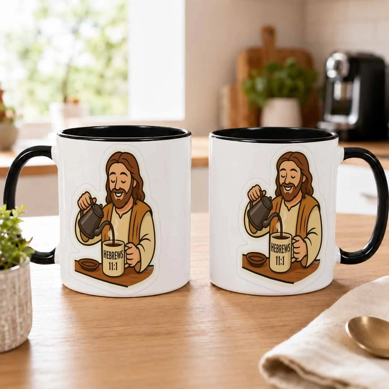 Jesus Pouring Coffee Hebrews Ceramic Mug (11oz/15oz)， Inspirational Scripture Religious Art Design， Durable LeadFree Kitchenware， Perfect For Morning Devotional Study， Church Fellowships， Christian Holidays， Gift For Believer Friends Or Family Members.