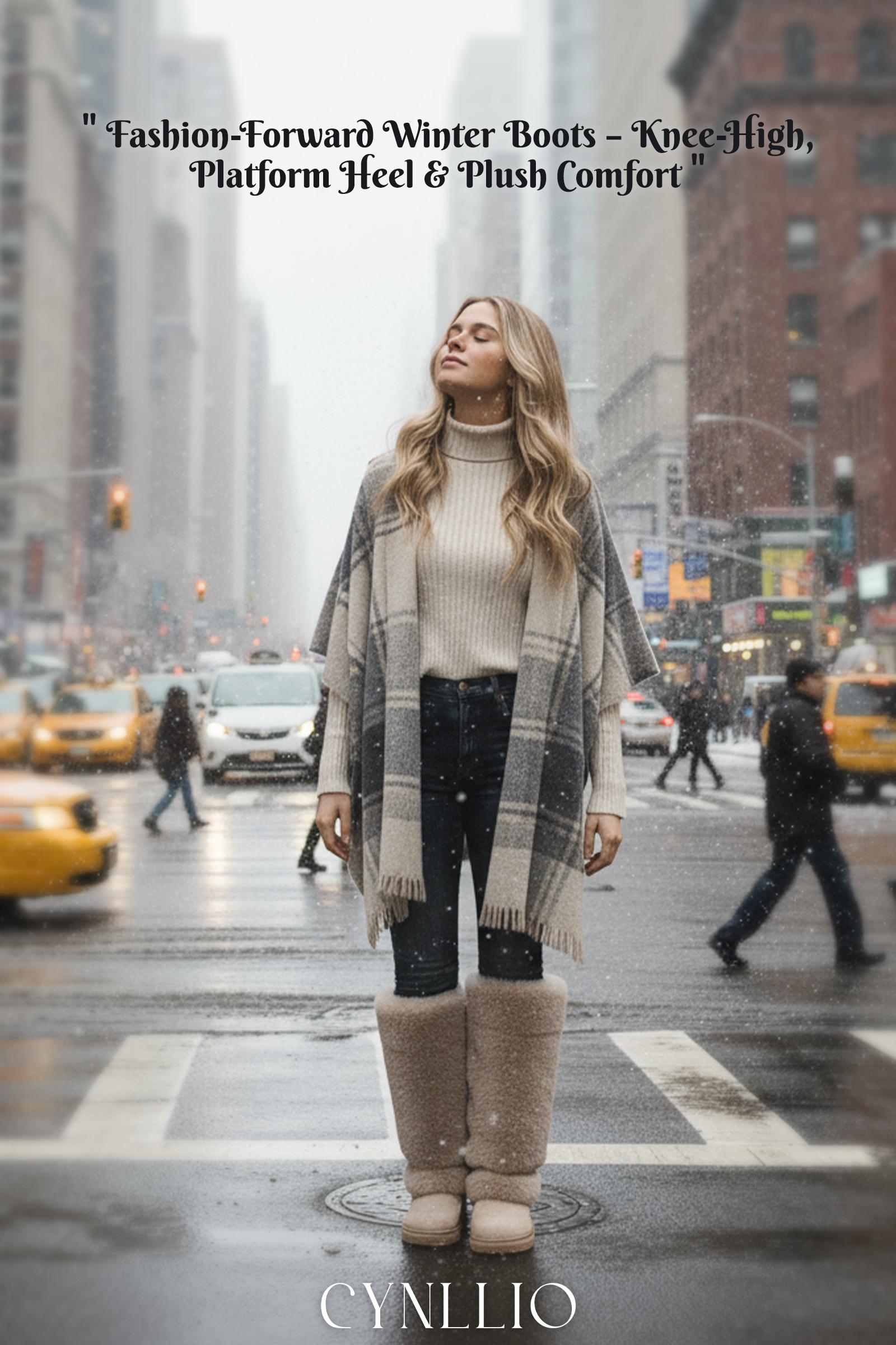 CYNLLIO Womens Knee High Snow Winter Boots Faux Fur Rounded Toe Platform Heels Fashionable Buckle Side Zipper Comfy Office Party Nightclub Outdoor Walking Casual Spring Suede Boots