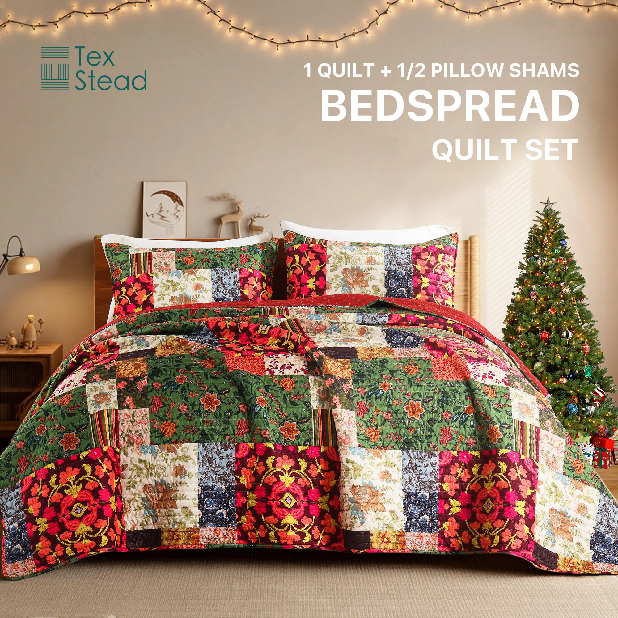 Tex Stead Southwestern Patchwork Quilt Set  2/3 Piece Soft Floral Boho Bedspread, Reversible Plaid Printed Pattern Coverlet Set, Lightweight All Season Bedding with Pillow Shams for Bedroom Decor, Sofa Watching TV in an AC Room