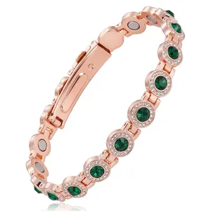 Nandudu Pure Copper Bracelet for Women Rose Gold Magnetic Therapy Bangle with Emerald Green Crystal for Arthritis Relief Adjustable Tool Fashion Jewelry Gift