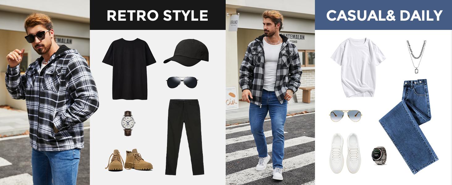 ZITY Men's Green Warm Sherpa Lined Flannel Jacket Fleece Hoodie Plaid Zip Up Outdoor Winter Coat Casual Workwear Tops Checked heated jacket Long Sleeve Tights Menswear