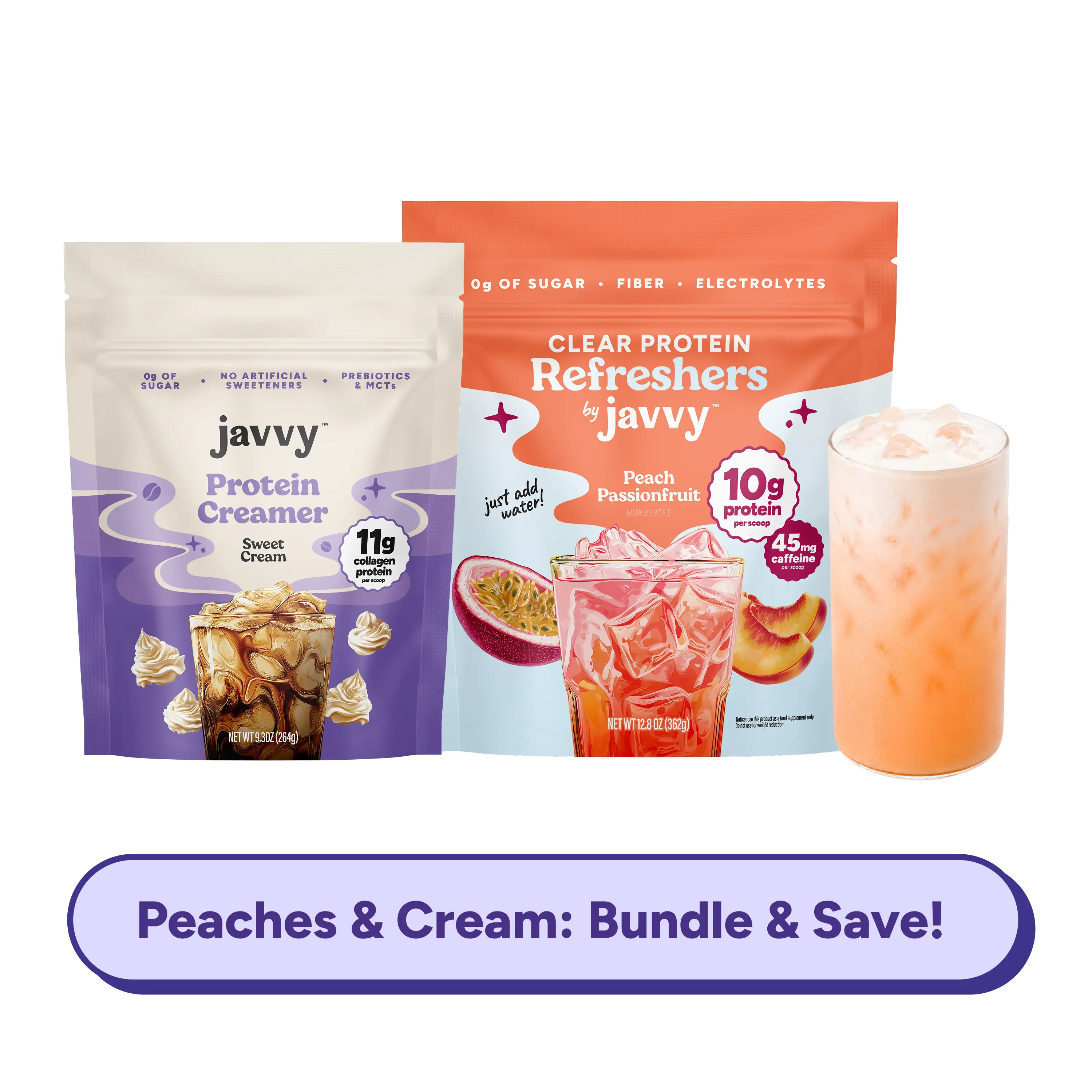 Javvy Peaches & Cream TikTok Exclusive Bundle - Peach Passionfruit Clear Protein Refresher + Sweet Cream Protein Creamer - 10g + 11g Protein, 45mg Caffeine, 0g Sugar, Fiber, Electrolytes & MCTs, Naturally Flavored, Just Add Water