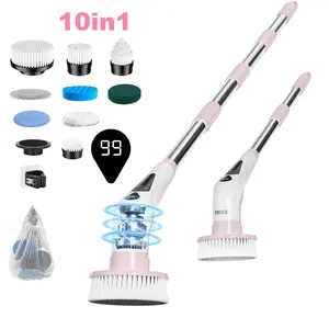 PRASKY 10 in 1 Electric Spin Scrubber,Portable IPX8 Waterproof Shower Scrubber,Cordless Cleaning Brush with 9 Replaceable Heads,Retractable Handle-Clean Without Bending