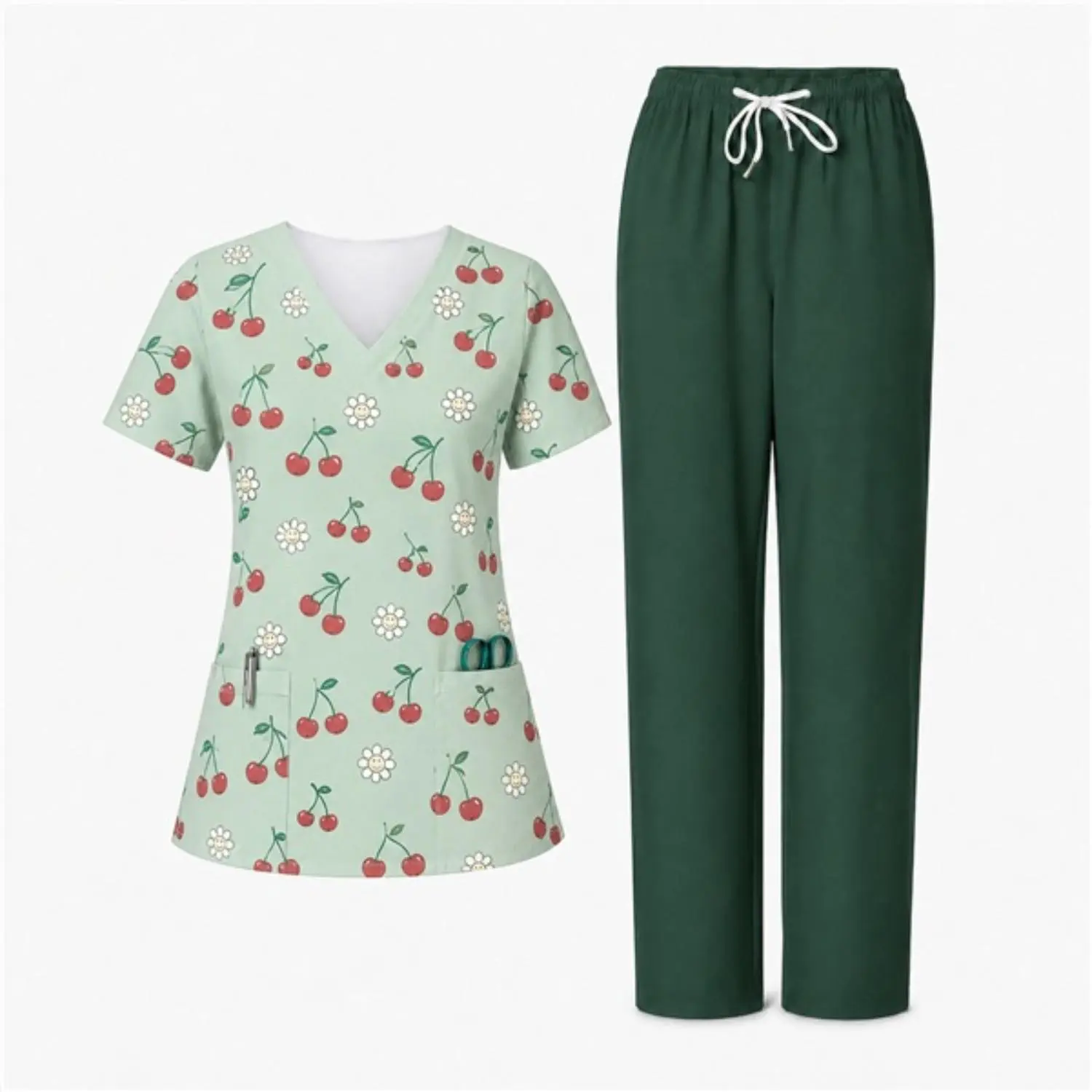 Cherry Daisy Print Scrubs Set | Premium Comfy Stretch Medical Uniform for Healthcare Professionals | Multi-Depth Pockets Nurse Work Attire for Daily Wear