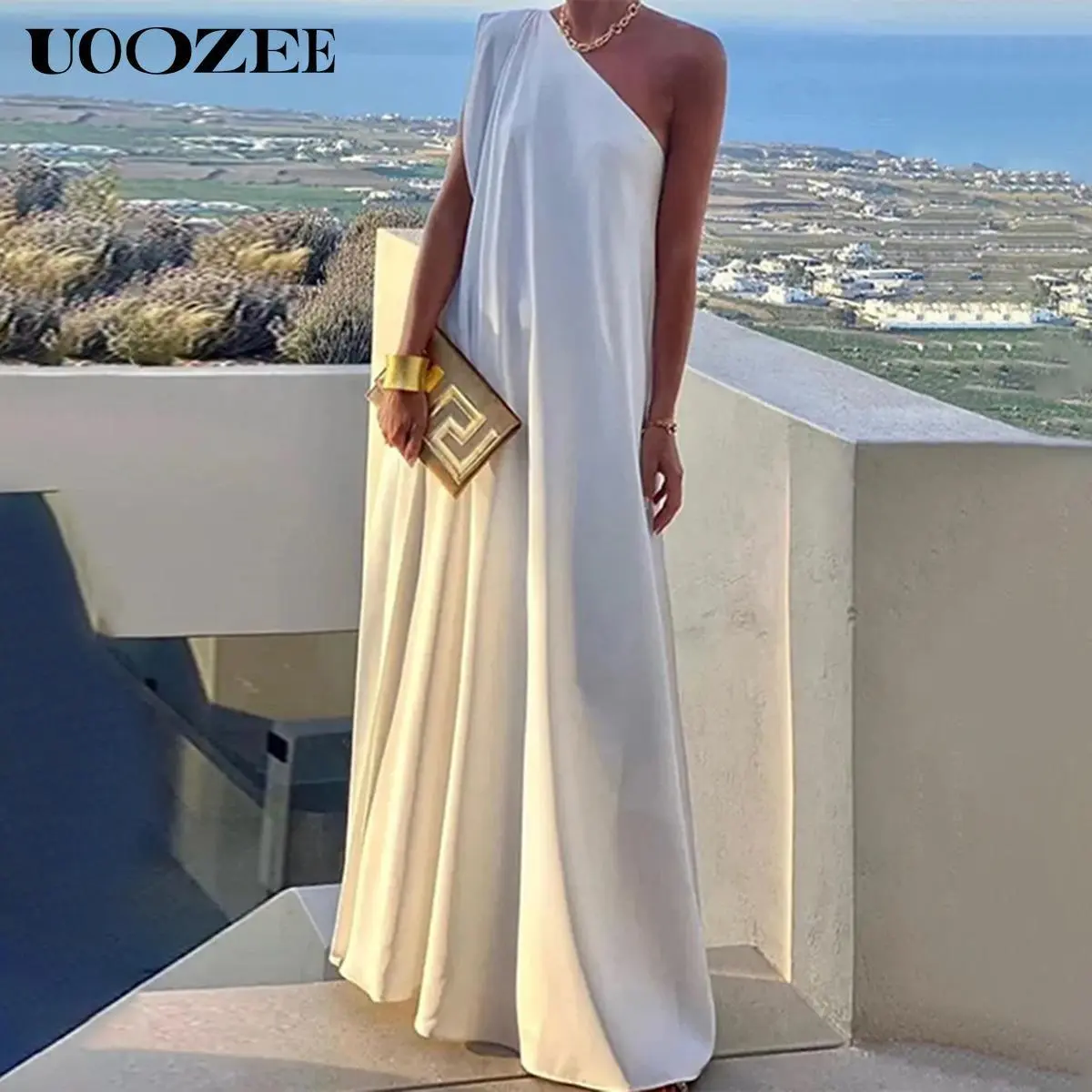UOOZEE Women's Chic Elegant Style Asymmetric 1-Shoulder Sleeveless Loose Solid Color Slit Chiffon Maxi Dress - Lightweight, Flowy, White Slightly Transparent, C Cup & Above, Party-Holiday Outfit for Lady, Maxi Dress For Women, Chiffon Flowy Dress