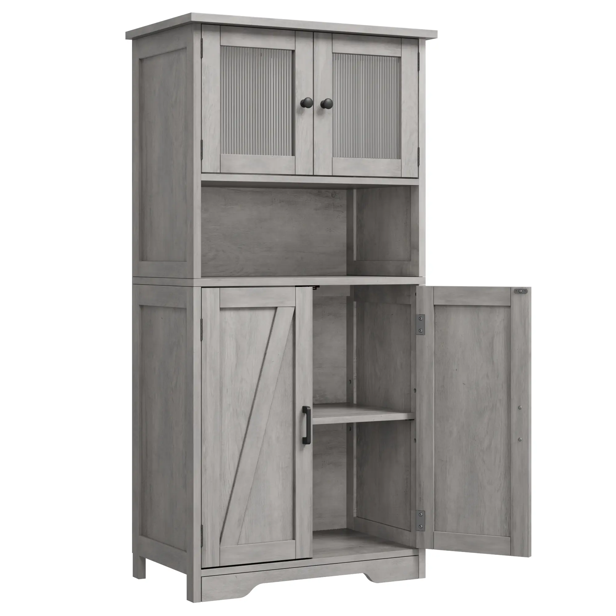 Garvee Modern Freestanding Pantry Cabinet with Glass Doors, Adjustable Shelves - Wooden Entryway Storage Organizer for Kitchen, Bathroom, Living Room - Grey, 23.6"L x 11.8"W x 50.4"H