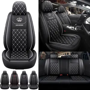 Universal Fit Car Seat Covers for Cars Trucks and SUVs - Black Leather with Diamond Stitching and Crown Embroidery