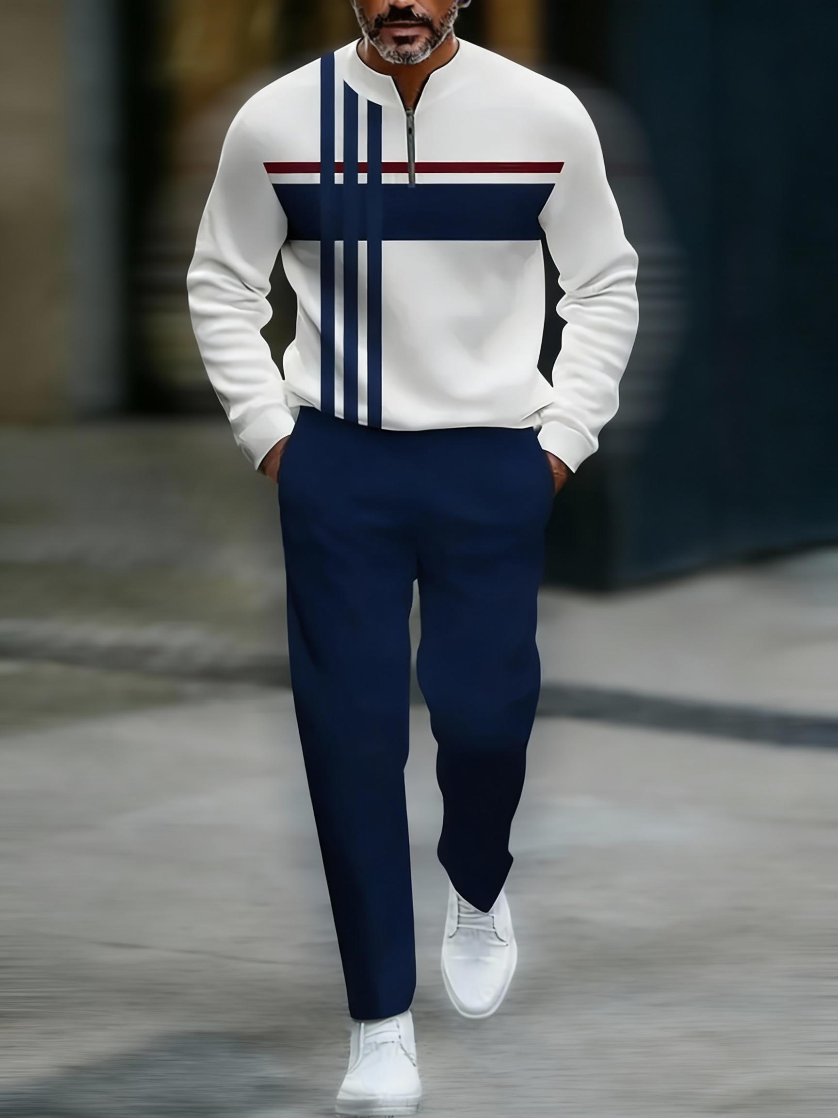 Half Zipper Fashion Casual Set with Trendy Personalized Stripe Design Simple Comfortable Versatile Sportswear Clothing