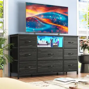 EnHomee Dresser With 8 Fabric Drawer & LED Lights And Charging Station, TV Stand Fit 55'' TV For Bedroom, Chest Of Drawers With Open Shelves, 6 Adjustable Feet, Hallway, Entryway, Closet, Black Wood Grain