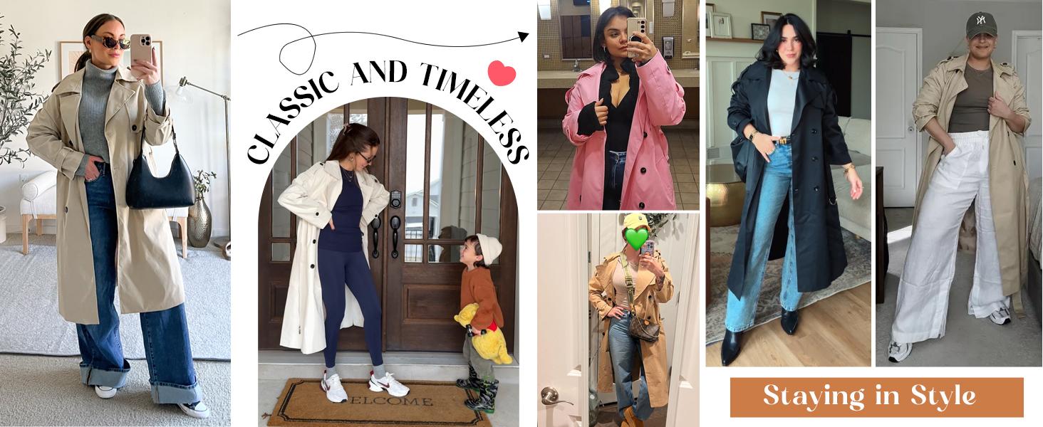 【Spring Outfits】TANKANEO Womens Oversized Long/Short Trench Coat Long Sleeve Relaxed Double Breasted Lapel Windproof Overcoat with Belt Jacket Fashion Outerwear Teacher Work Office Outlook Womenswear  Casual Elegant Style