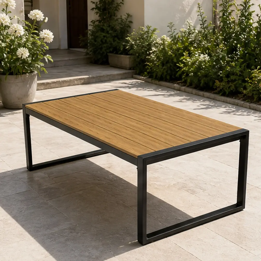 Steel Outdoor Patio Coffee Table, All-Weather Rectangle Table for Outside with PS Wood-Like Tabletop, Modern Design for Porch, Balcony, Deck, Yard, Rust-Resistant, 24.2x43.3x17.7in, Earthy Yellow, Earthy Yellow Color Options, Steel Material