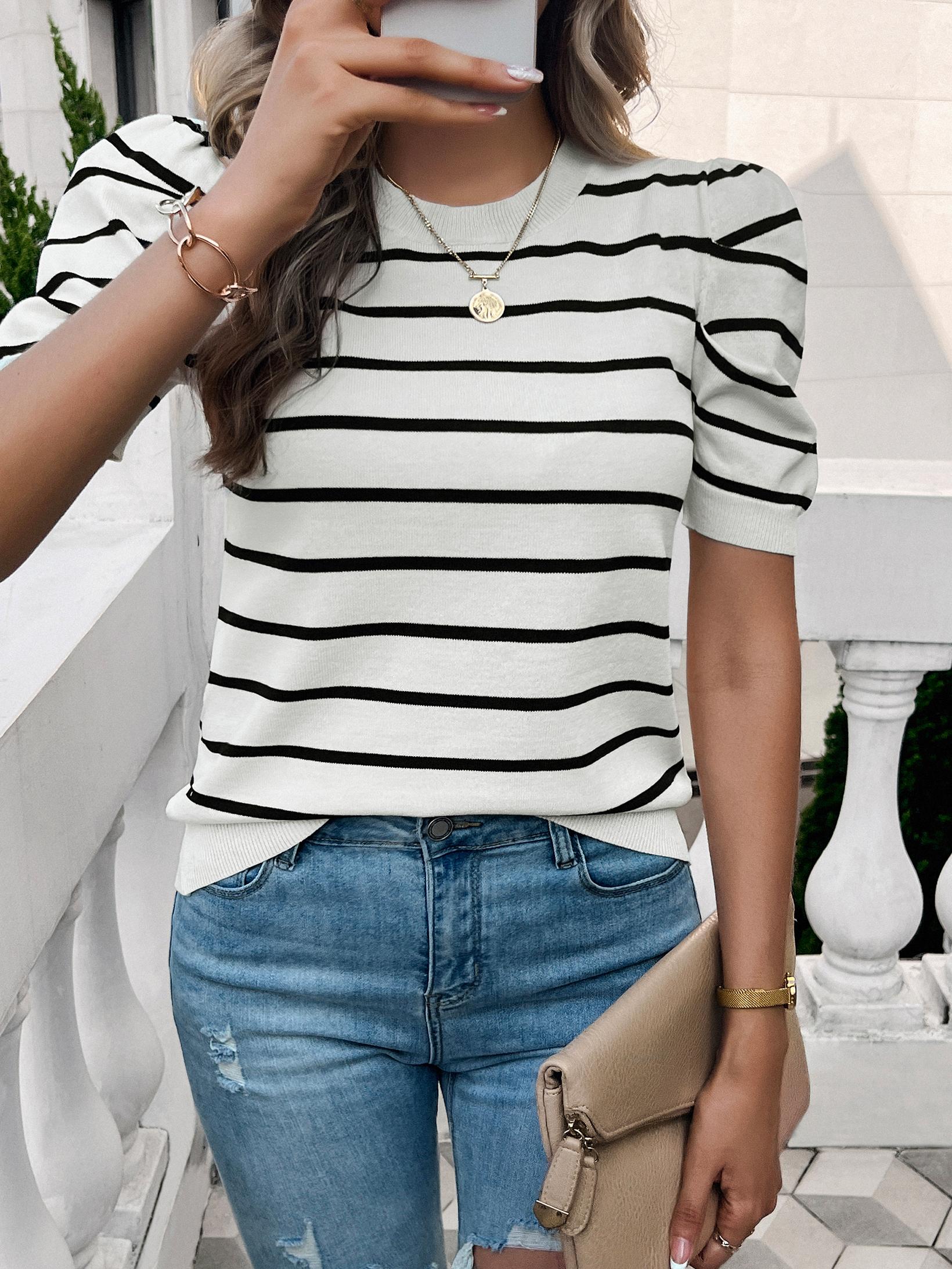 ZAFUL Women's Chic Striped Crew Neck Knit Top - Casual Short Sleeve Sweater with Black & White Vertical Stripes, Soft Viscose Blend, Perfect for Casual Attire, Ladies Sweaters, ZAFUL