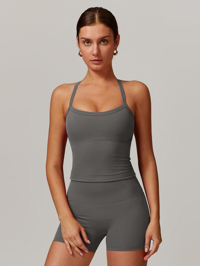 MASKERT Women's Solid Color Backless High Stretch Two-piece Set, Spaghetti Strap Crop Cami Top & High Waist Skinny Shorts, Breathable Sportswear for Yoga Gym Workout Indoor Outdoor