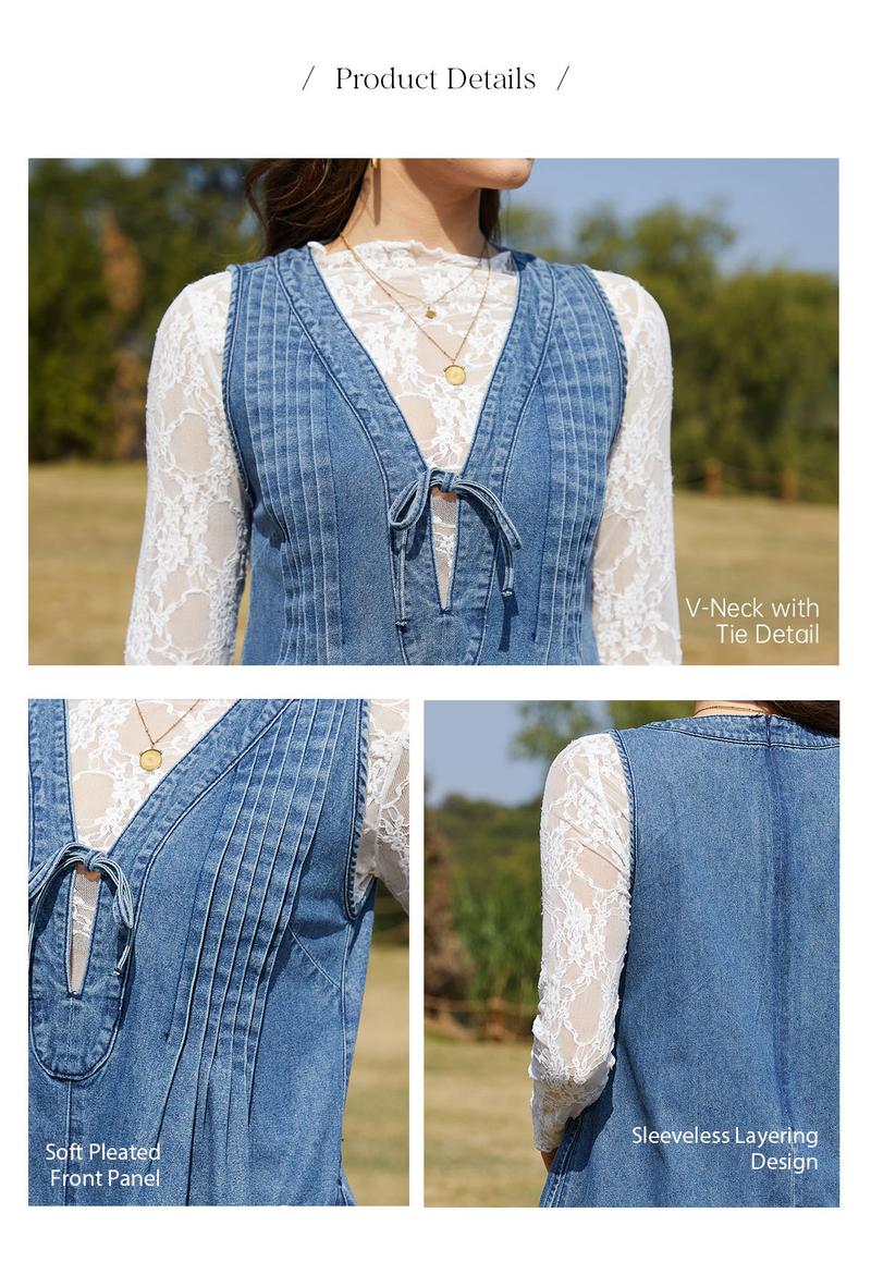 Chicovar Women's Oversized Vintage Denim Mini Dress, Sleeveless V-Neck Tie Front Ruffle Layered A-Line Tunic with Pockets & Front Pleats, Casual Outfit