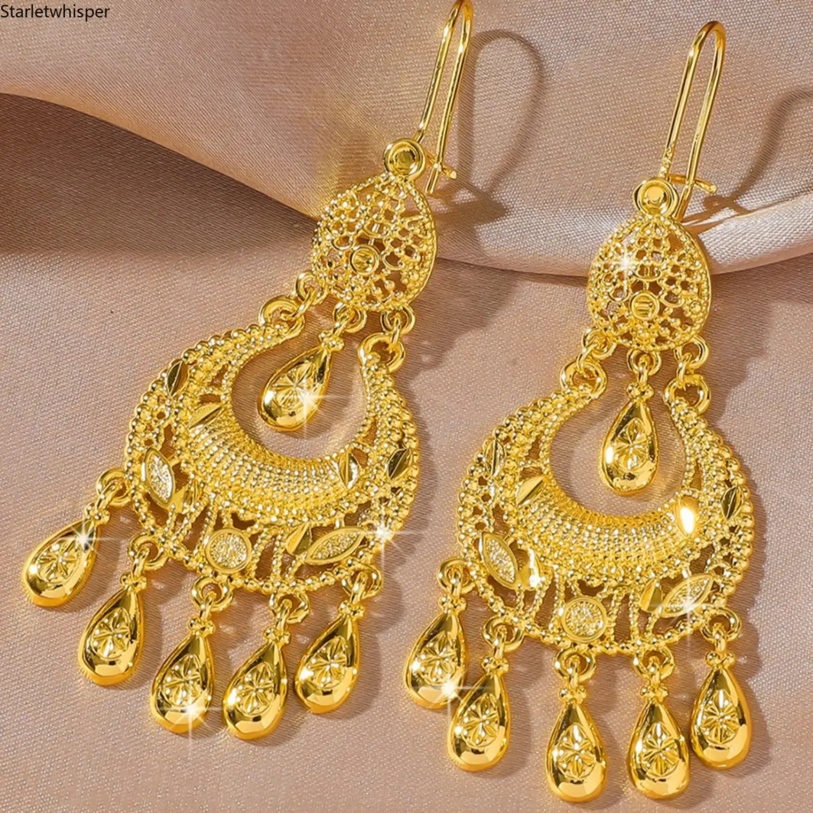 Vintage Chinese Palace Style Gold Water Drop Tassel Long Statement Earrings for Women, Light Luxury Retro Dangle Drop Ear Jewelry, Elegant Fashion Accessories for Daily Wear, Party Banquet and Romantic Gift for Her