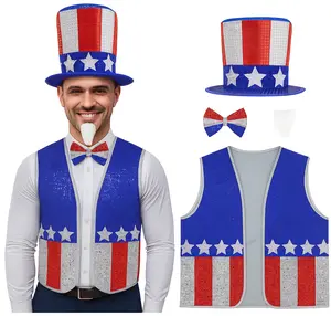 Adult Deluxe Uncle Sam Top Hat Vest Bowtie Beard Sequin Patriotic Costume Set