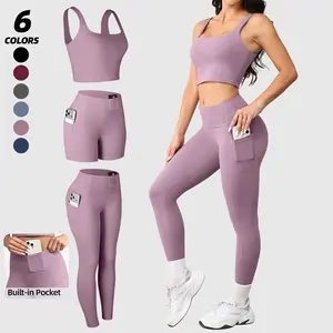 CHRLEISURE 3 Piece Workout Sets for Women High Waisted Leggings with Pockets Tummy Control Biker Shorts Yoga Sports Bra
