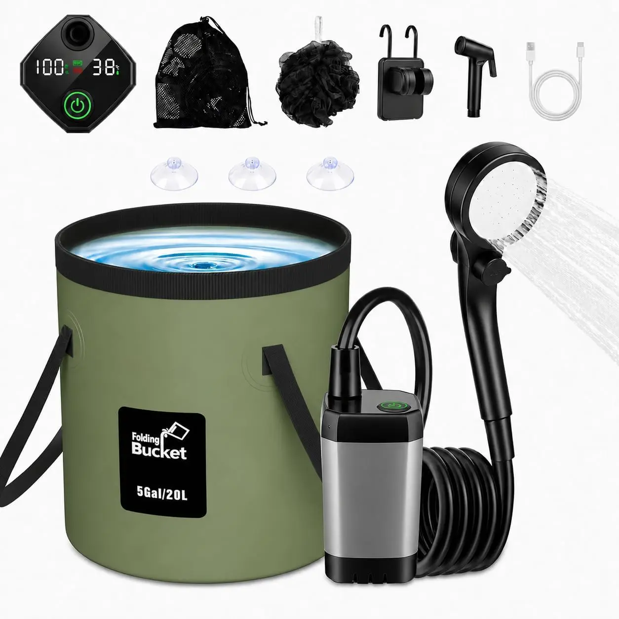 Portable Camping Shower Kit with Rechargeable 6000mAh Pump, Compact System with LED Temp Display, 3-Mode Head with PP Water Filter, and 5-Gal Bucket - Essential Camping Supplies for Hiking, Multi-Mode, Camping Accessories, Outdoor Shower