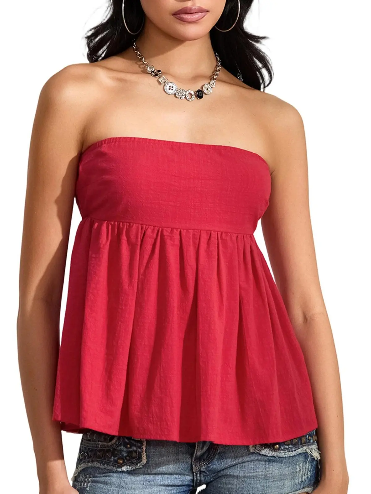 Women Peplum Strapless Tube Top Ruffle Hem Flowy Bandeau Tank Tops Y2K Sleeveless Smocked Back Summer Tube Tops Casual Womenswear Chic Loose Outdoors Shirts Solid Basic Fitted Minimalist Multi-Color tube top