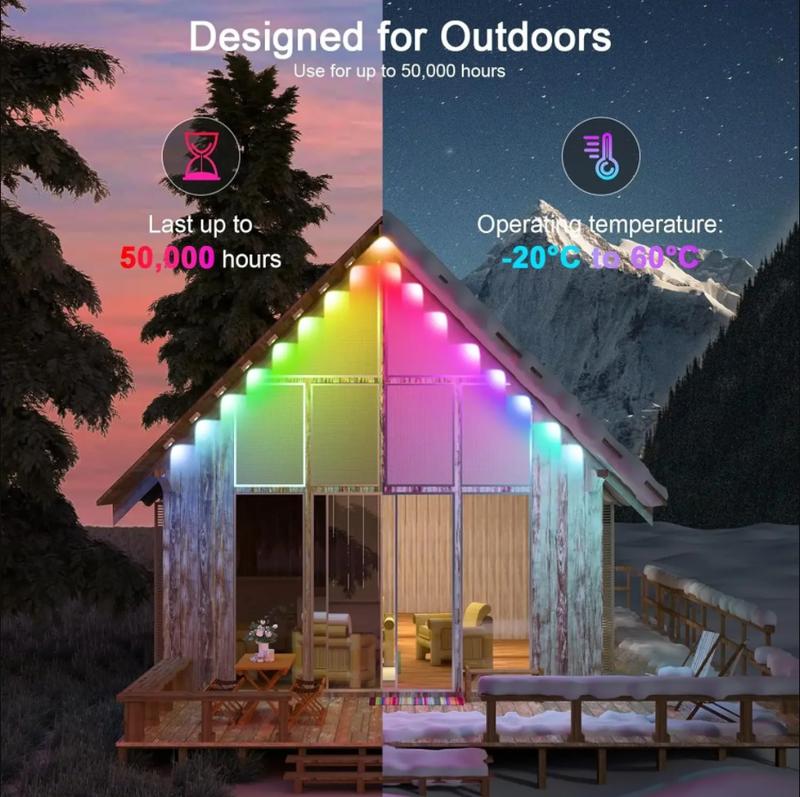 56/105ft Smart Permanent Outdoor Eave Lights with High Brightness Convex Mirror Beads & 63 Lighting Modes IP67 Waterproof RGBIC Ambient String Lights Controlled by APP and Remote Works with Google Home & Alexa