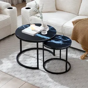 Set 2 Coffee Table Nesting Black top  Black Frame Circular Round and Marble Pattern Wooden Tables, Living Room Bedroom Apartment Modern Industrial Simple Nightstand