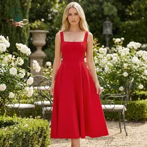 Women's Summer Sleeveless Square Neck High Waist Flowy Long Maxi Dress Elegant Formal Wedding Guest Cocktail Outfit - Womenswear, Beach