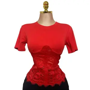 Laura Top - Lacey at the bottom adjustable waist corset like in the back 95% polyester 5% spandex short sleeve