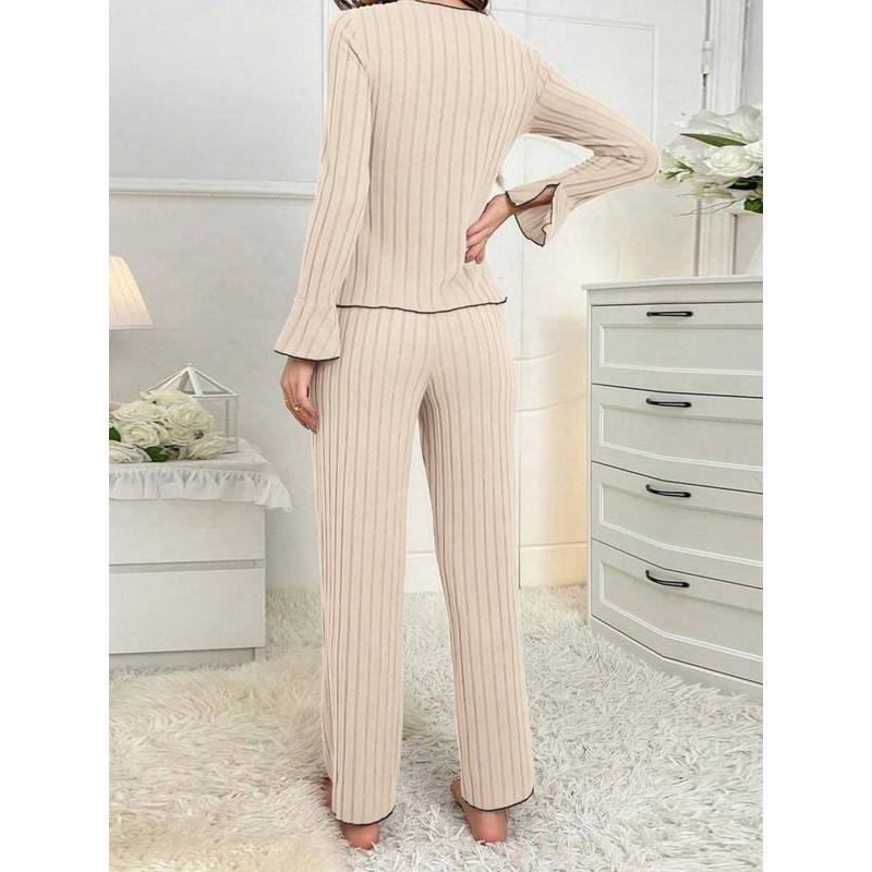Women's Solid Lettuce Trim Top & Pants Loungewear Two-Piece Set, Casual Comfy Long Sleeve V Neck Top & Trousers PJ Set, Ladies Sleepwear for All Seasons Women's Solid Lettuce Trim Top & Pants Loungewear Two-Piece Set, Casual Comfy Long Sleeve V Neck Top & Trousers PJ Set, Ladies Sleepwear for All Seasons