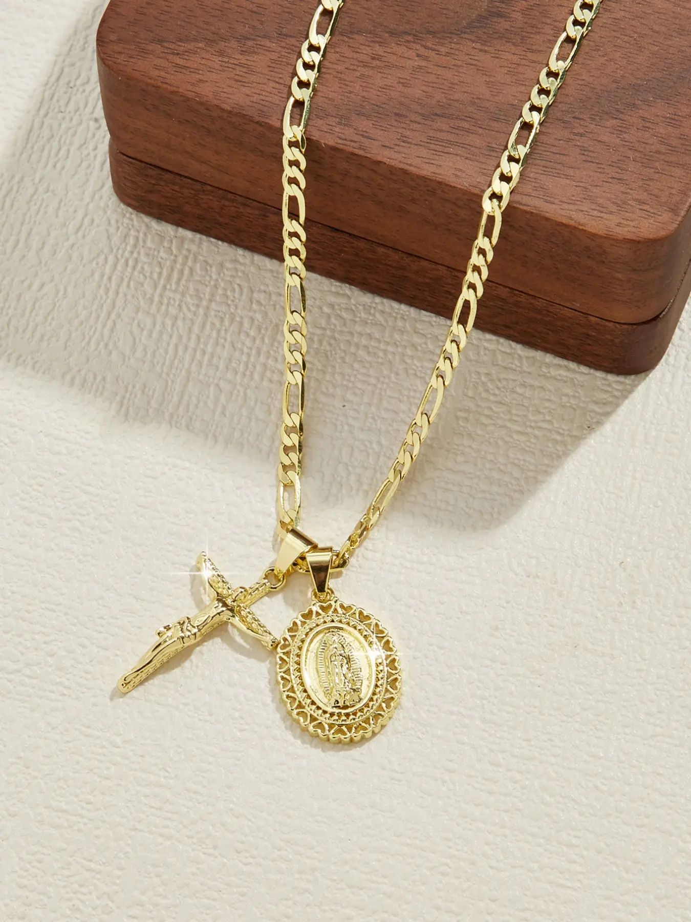 Fashion Classic Double Faith Pendant Necklace, Jesus Crucifix & Our Lady of Guadalupe Charms, Gold Plated Christian Religious Jewelry, 24 Inch Flat Figaro Chain, Prayer Gift for Party
