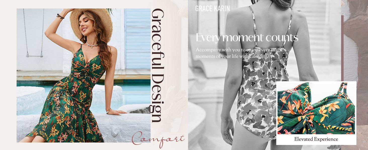 【GRACE KARIN】 Women's Two-piece set Swimsuits with Cover Up Skirt Tummy Control V Neck Bathing Suits SpringStatements