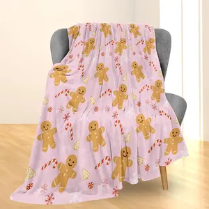 Christmas Gingerbread Men Blanket, Soft Lightweight Flannel Festive Pink Holiday Throw Blanket for Couch, Bed, Travel & Home