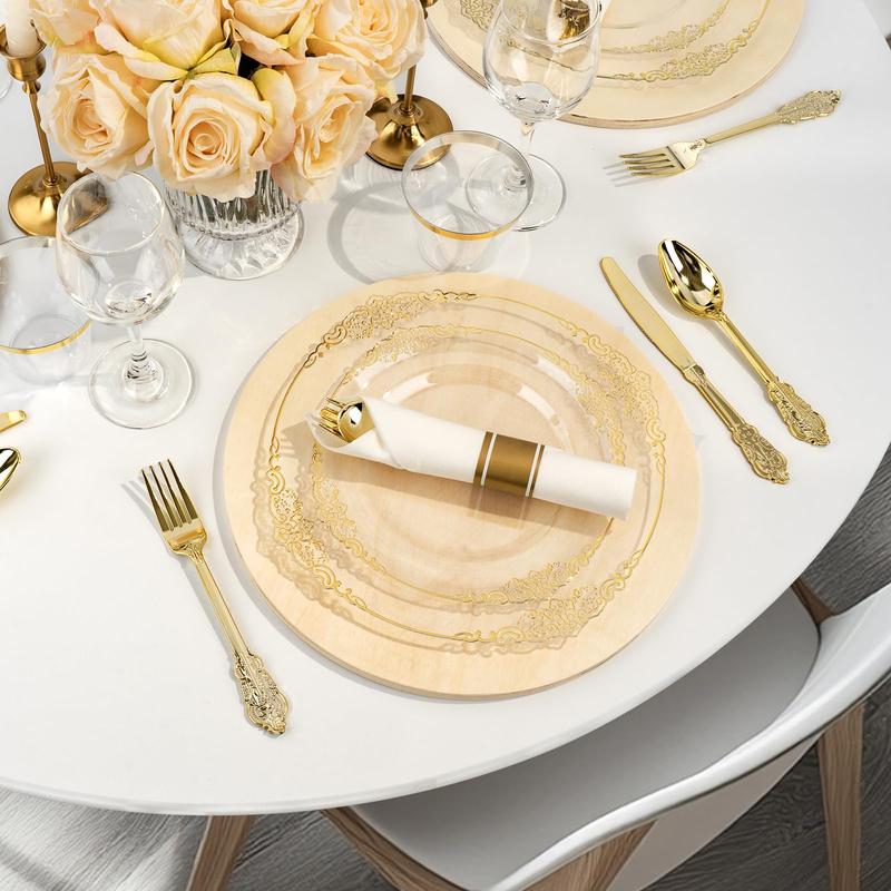GOODLUCK 350 Piece Clear Gold Plastic Dinnerware Set for 50 Guests Includes 50 Plates 50 Dessert Plates 150 Silverware 50 Napkins 50 Cups Perfect for Party Wedding Elegant Design BPA-Free Food-Grade Plastic