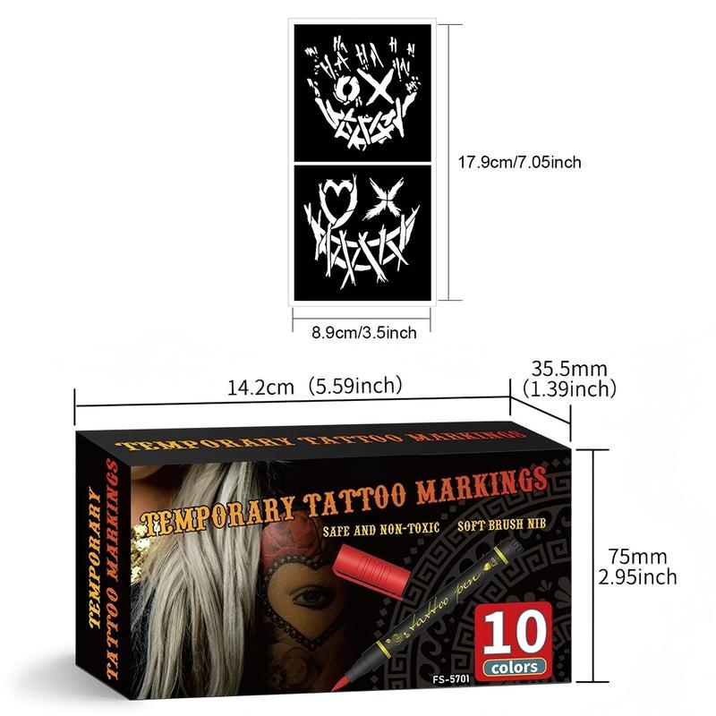 10-Color Temporary Tattoo Markers for Skin, Paint Pen Set with Fun Stickers, 10 Sheets Tattoo Stencils of Assorted Colors for kids and Adults, Flexible Brush Tip, Bright colors, Skin-Safe, Cosmetic-Grade