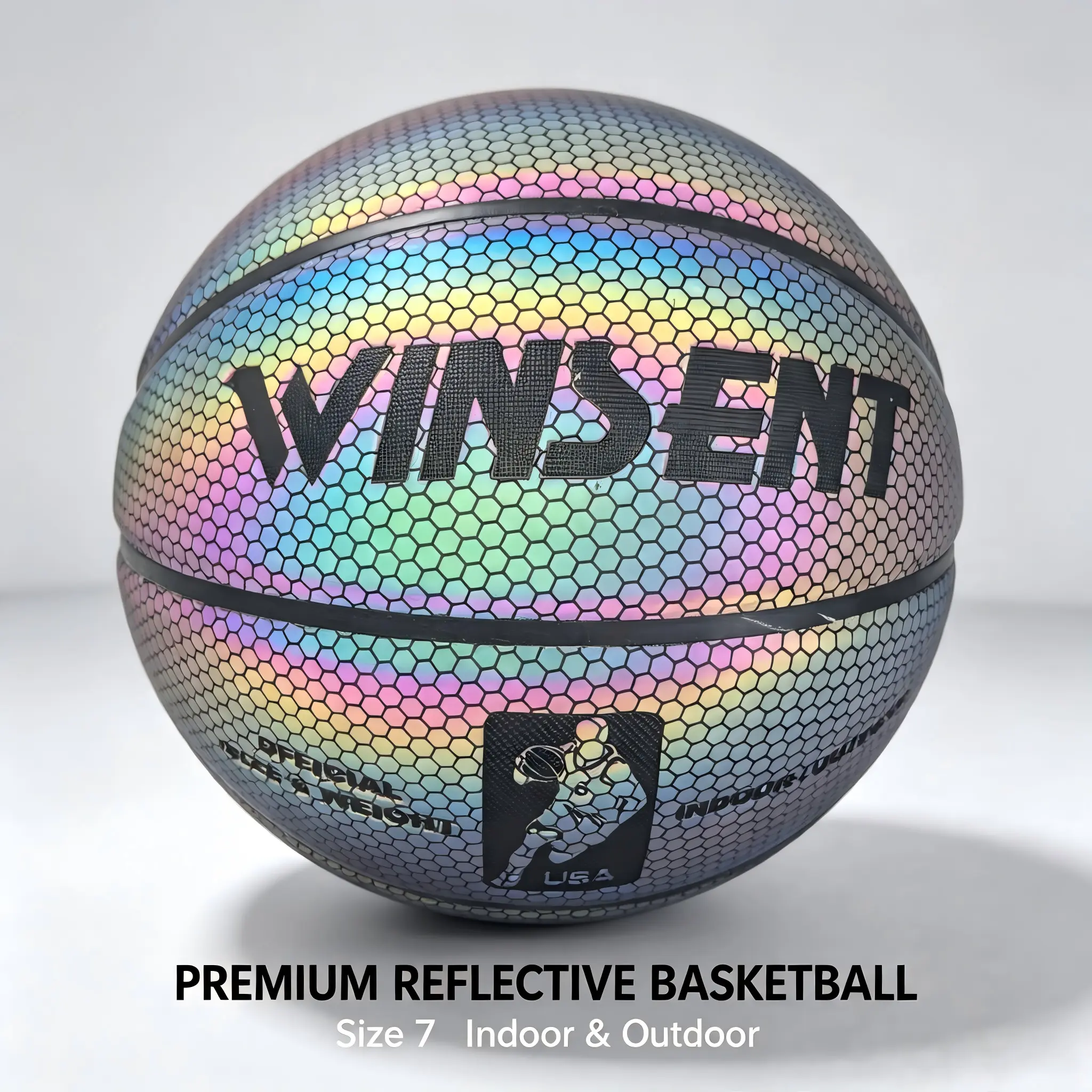 Glowing Reflective Size 7 Basketball, Premium Honeycomb PU Leather Basketball, Rainbow Holographic Flash Basketball, Indoor Outdoor Night Competition Training Basketball Standard Indoor-Outdoor Basketball Net portable hoop