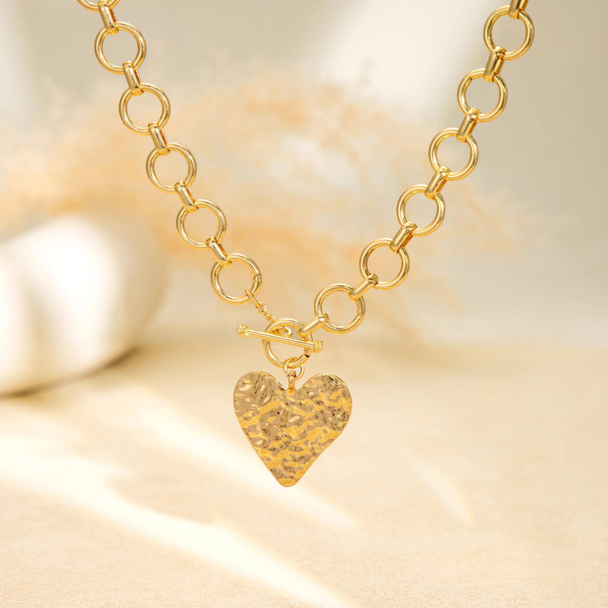 Tewiky Gold Paperclip O-Link Chain Hammered Heart Pendant OT Clasp Necklace for Women For Valentine's Day Gift