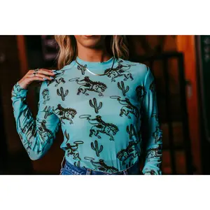 Velvet Mesh Top Turquoise Black Western Print 3D Cactus Cowboys Trendy Polyester Date Night Rodeo Fashion