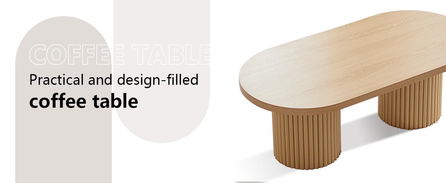 Giratree 39.38" Fluted Oval Coffee Table for Living Room, Boho Modern Coffee Table with Fluted Legs, Curved Round Wood Center Table for Home, Small Spaces, Office