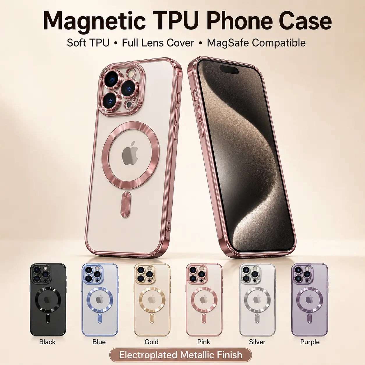 Plating Soft TPU Full Lens Protect Case for iPhone 17Air 17 16 15 14 13 12 11 Pro Max Plus Magsafe Compatible Clear Cover Shockproof Cellphone Protector Black