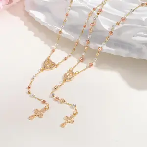 MP 14K Gold Plated Rosary Necklace Heart Cross pendant Virgin Mary Charms, Copper Beaded Chain Non Tarnish Hypoallergenic Faith Jewelry, Everyday Fashion Accessory for Women ,Valentine’s Day Anniversary Gift for Her Golden Cubic Zirconia Pendant Necklace