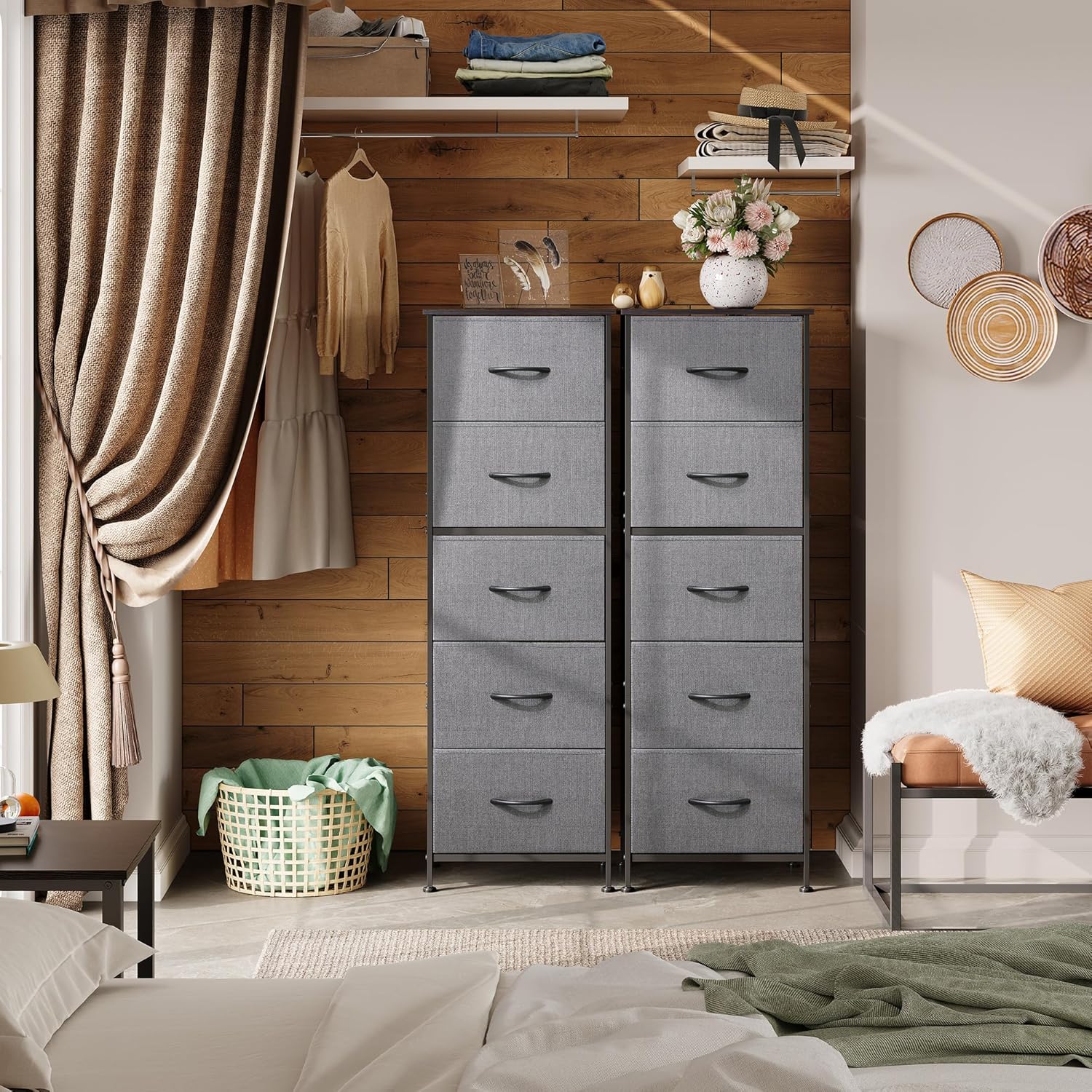 5 Drawer Fabric Dresser Tall Storage Tower with Wood Top Sturdy Metal Frame Large Capacity Chest of Drawers for Bedroom Closet or Hallway Available in Multiple Colors