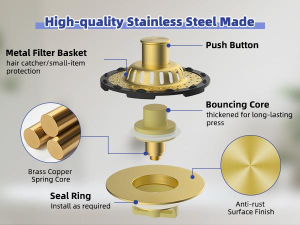 Universal Bathtub Drain Stopper Shower Drain Hair Catcher, Tub Stopper with Visible Top Strainer, Upgraded 3 in 1 Pop-up Drain Plug Fit for 1.5 to 2.4" Hole, Stainless Filter Basket, Brushed Gold