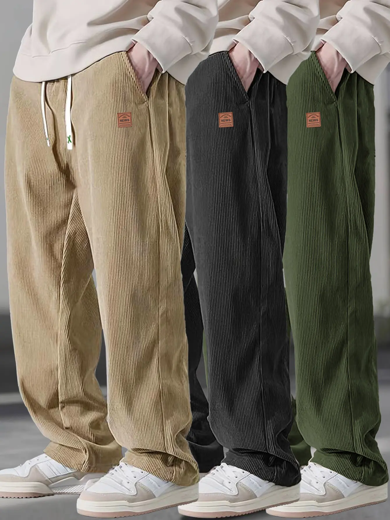Men’s summer lightweight black corduroy casual pants, brown leather label, drawstring elastic waistband, loose straight fit with a drapey feel, versatile men’s trousers,clothes for back to school,first day of school outfits